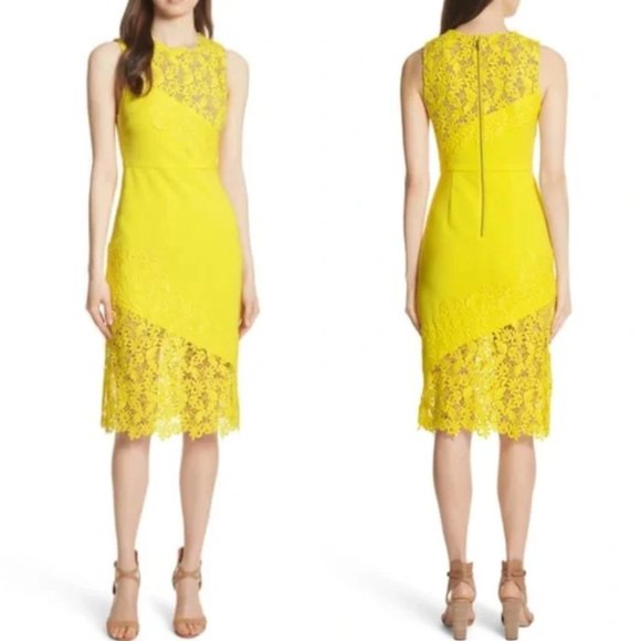 Alice and Olivia Margy Appliquéd Sheath Floral Lace Dress Yellow - Picture 1 of 9